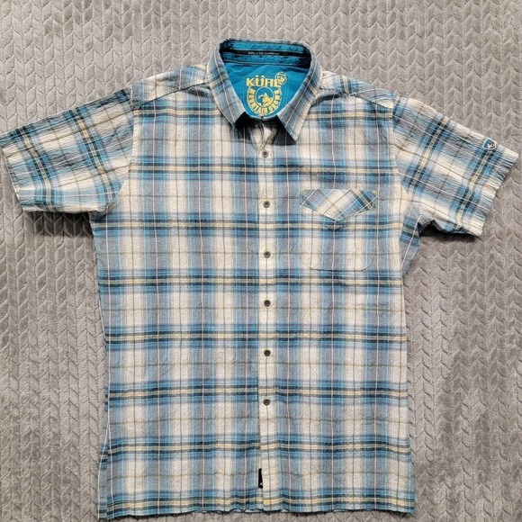 Kuhl Shirt Men’s Medium Blue/Yellow Plaid Seersucker Button Short Sleeve Outdoor - Picture 1 of 10